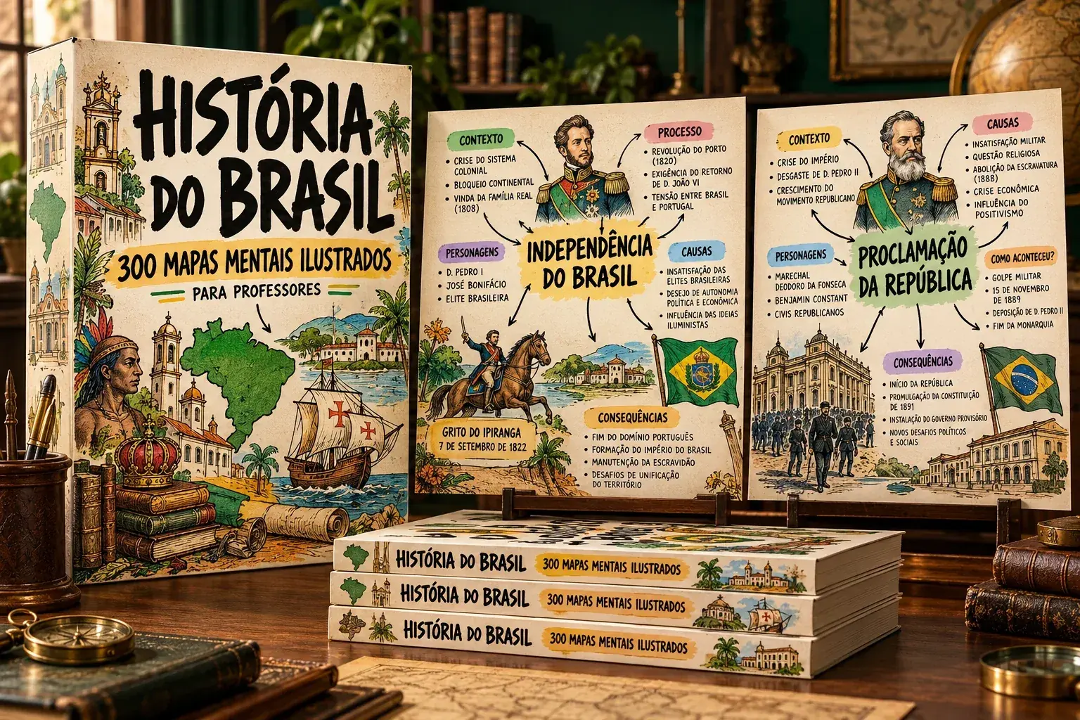 Coleção de mapas mentais ilustrados de História do Brasil